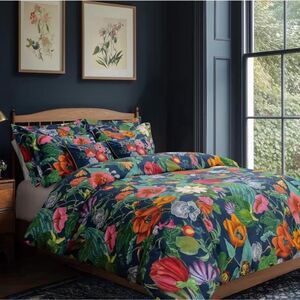 PB Style Floral Print Queen Duvet Sateen Cotton 3Piece Set Navy Blue Pink NWT
